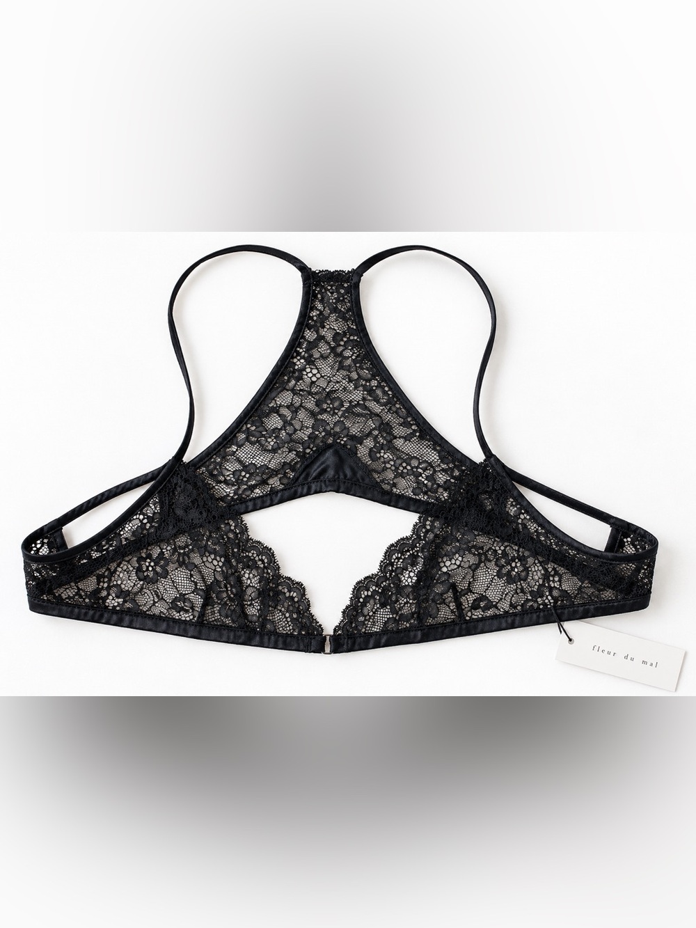 NWT Fleur du Mal Bianca Black Lace Racerback Bra Silk Trim Size 2